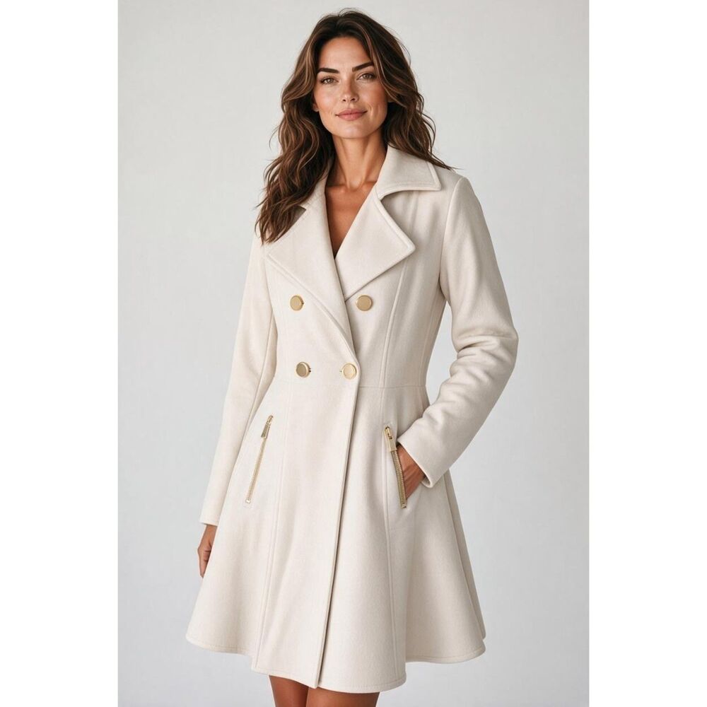 Laundry by Shelly Segal Ivory Double-Breasted Wool Skirted Coat Size Medium